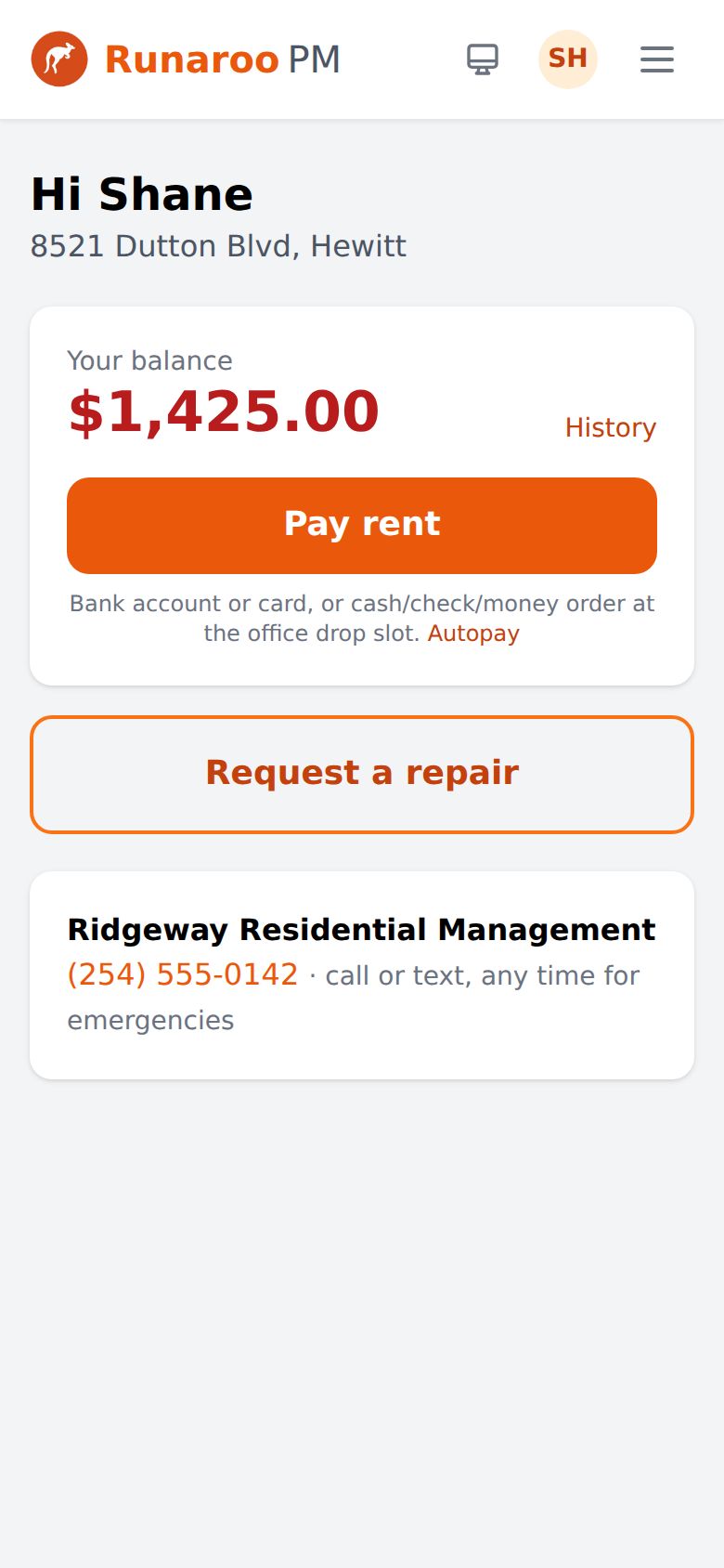 The resident's view on a phone: their balance, a button to pay and a button to report a repair.